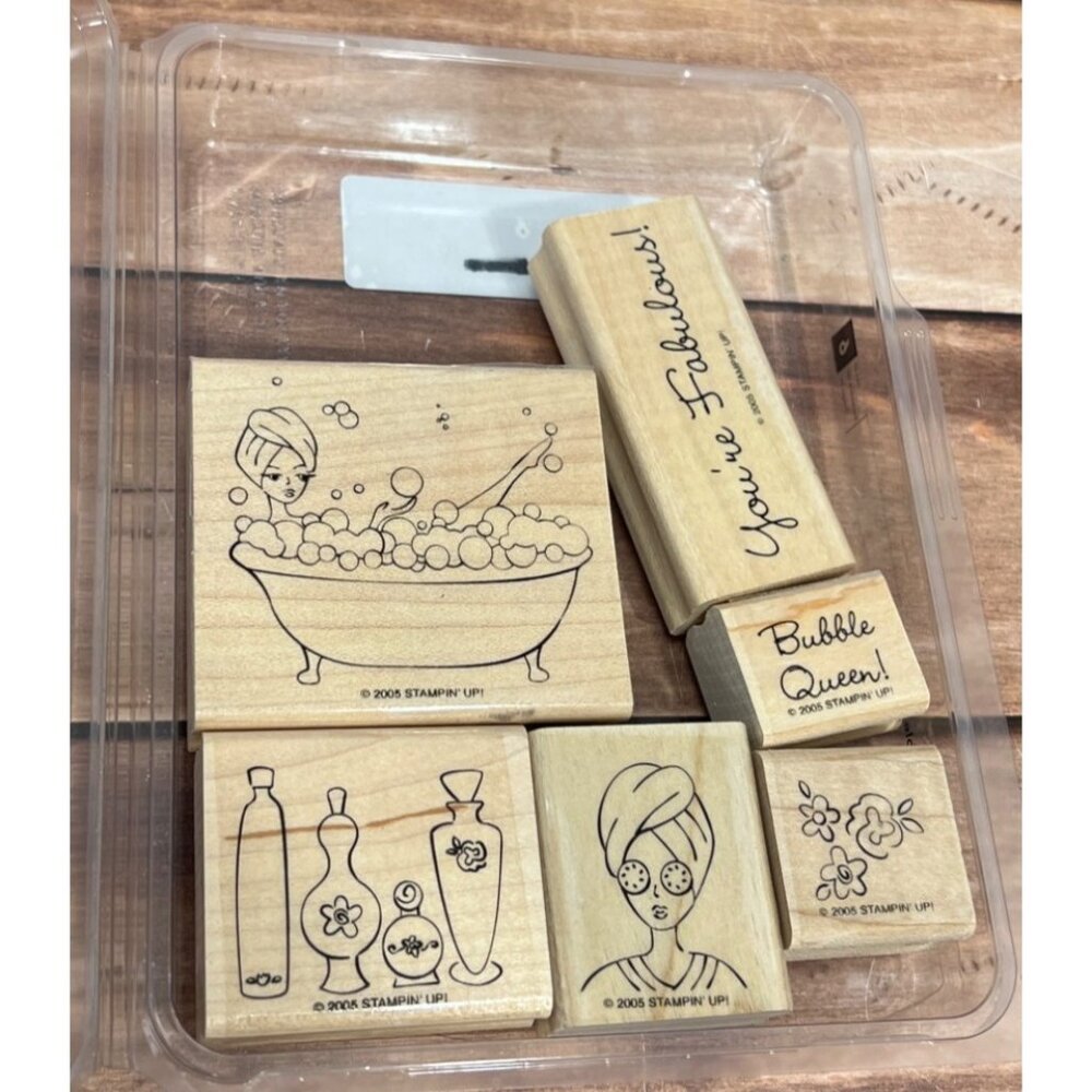 RARE Stampin Up! Bubble Queen Wood-Mounted Rubber Stamp Set bathtub spa